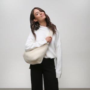 Faux fur bag, Portable tote shoulder bag, Casual winter bag, Plush shopping bag, Soft teddy bag, Woman fluffy bag, White bag, Camel bag
