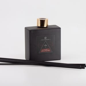 May include: A black diffuser bottle with a gold cap and black diffuser sticks. The bottle has a label with the text "COSMETICA" and "ANXIETY" in a white triangle.