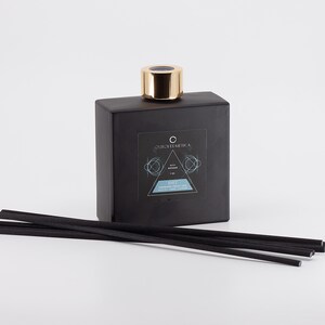 May include: A black diffuser bottle with a gold lid and black diffuser sticks. The bottle has a label with the text "CIRCULAROMATICA" and "SOIFT" in a geometric design.