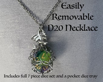 D20 Necklace--easily removed for use--includes entire 7pc dice set and pocket dice tray. RPG gift,