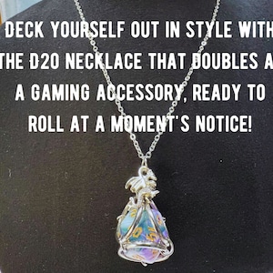 D20 Necklace--easily removed for use--includes entire 7pc dice set and pocket dice tray. RPG gift,