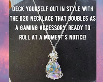 D20 Necklace--easily removed for use--includes entire 7pc dice set and pocket dice tray. RPG gift,