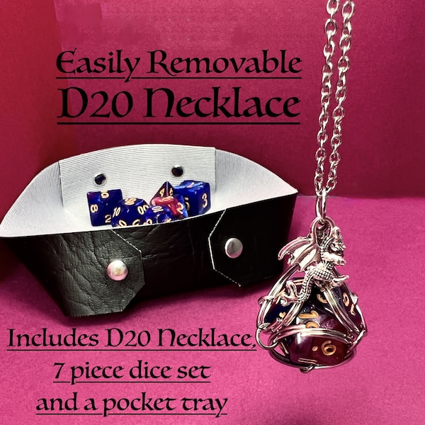 D20 NECKLACE**easily removed for use. Includes entire 7 piece Polyhedral Dice Set. Arrives packaged in vegan leather folding dice tray.