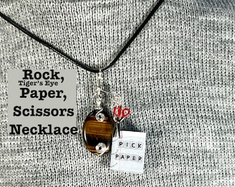 Rock Paper Scissors Necklace**Fun, unique gift idea, Tigers Eye rock, book that opens and scissors charm