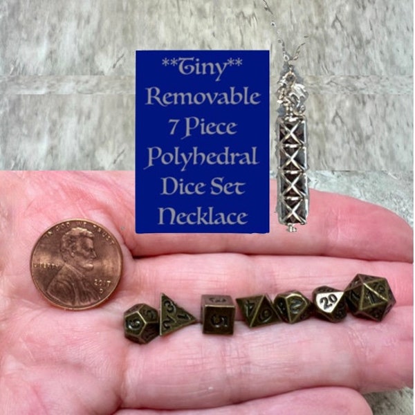 Tiny Removable Metal Polyhedral Dice Set Necklace, Antique Bronze Dice Set, DM Gift, DnD, D20 Necklace