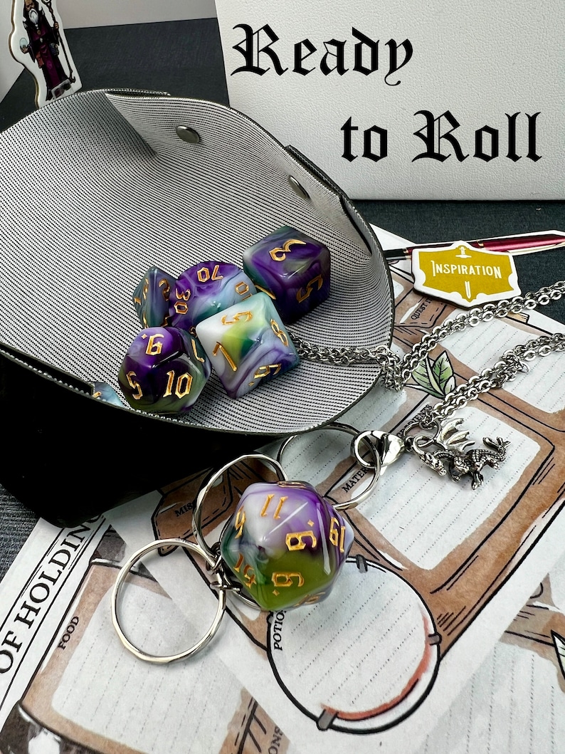 D20 Necklaceeasily removed for useincludes entire 7pc dice set and pocket dice tray. RPG gift, image 2