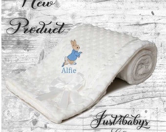 Personalised NEW IN Peter Rabbit embroidered baby Dimple bow ribbon trim blanket 3 colours super soft