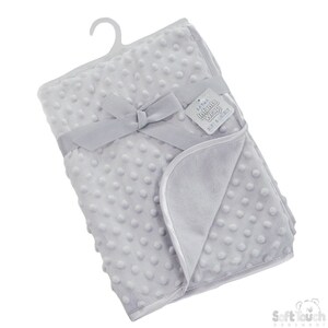 May include: A gray baby blanket with a soft, textured surface. The blanket has a satin ribbon tied around it and a tag that says "Little Infants Wrap, Soft & Snuggly".