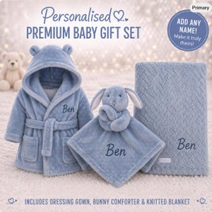 Personalised Dusky Blue Baby Gift Set: Dressing Gown, Bunny Comforter, Knitted Blanket (0-6 Months)