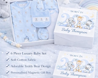 Personalised Baby Gift Set Boy, Teddy Bear Newborn Gift Box, Blue Baby Clothes Set, Baby Shower Gift, Custom Name Baby Gift, 6 Piece Set