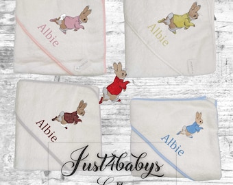 Personalised Embroidered Hooded Bath Towel Baby Girl/Boy rabbit design peter