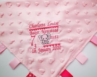 Personalised Baby Soft Dimple ELEPHANT BIRTHBLOCK Comforter Taggy taggie tag blue Blanket Boy Gift