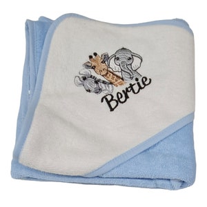 Personalised Embroidered Hooded Bath Towel Baby Girl/Boy 3 safari animals