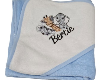 Personalised Embroidered Hooded Bath Towel Baby Girl/Boy 3 safari animals