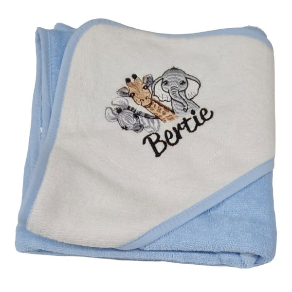 Personalised Embroidered Hooded Bath Towel Baby Girl/Boy 3 safari animals