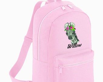 Personalised embroidered ZEBRA  c/w FLOWERS  Boys Girls Rucksack Backpack Bag School