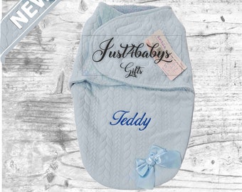 Personalised baby's Cable Swaddle w/Matching Sherpa Back and Matching Bow wrap carrier  nb-3months 5 colours
