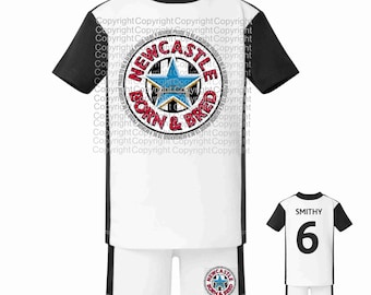 NEWCASTLE born and bred proud to be a geordie kids football kit sports set name number