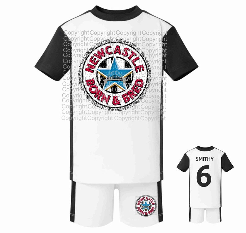 NEWCASTLE born and bred proud to be a geordie kids football kit sports set name number image 1