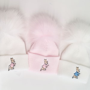 Spanish Baby Knitted Hats Boys Girls Peter Rabbit giant fur  single  Pom Pom Hats xtra small / newborn