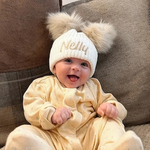 PERSONALISED giant pom pom  baby boy girls 0-12m double  pom pom hat new 2023 design back in stock