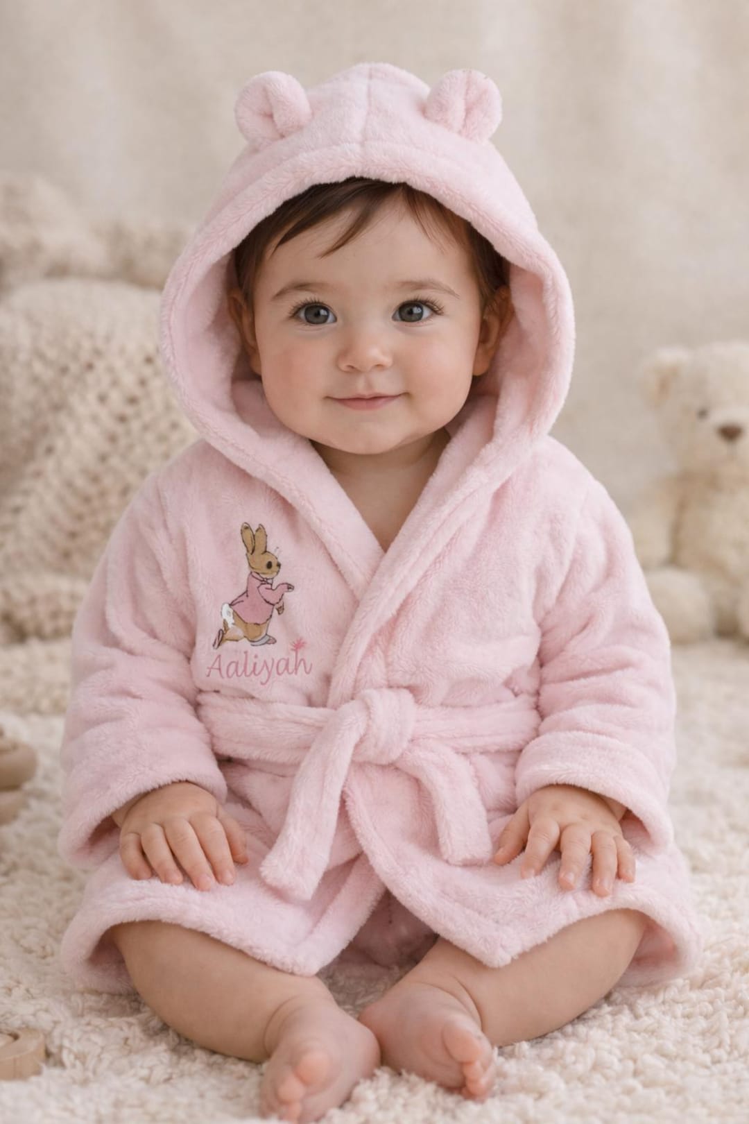 Personalised Peter Pink Rabbit Baby Dressing Gown – Pink Hooded Bath ...
