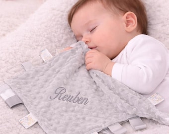 Personalised Baby Soft Dimple Comforter Taggy taggie tag blue Blanket Boy Gift