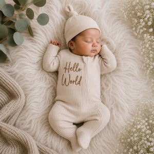 May include: A beige ribbed long-sleeve footed sleeper with a matching knotted hat. The sleeper features a front zip fastening and the text Hello World embroidered in brown script on the chest. The fabric has a vertical ribbed texture throughout.