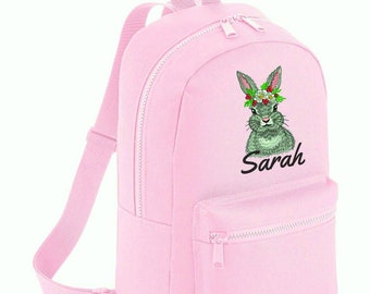 Personalised embroidered bunny rabbit with flowers   Boys Girls Rucksack Backpack Bag School