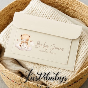 May include: A beige pregnancy notes folder featuring a teddy bear illustration, the text "Baby Jones", and "Pregnancy Notes". The folder sits on a cream knitted blanket inside a woven basket with a red and brown trim.
