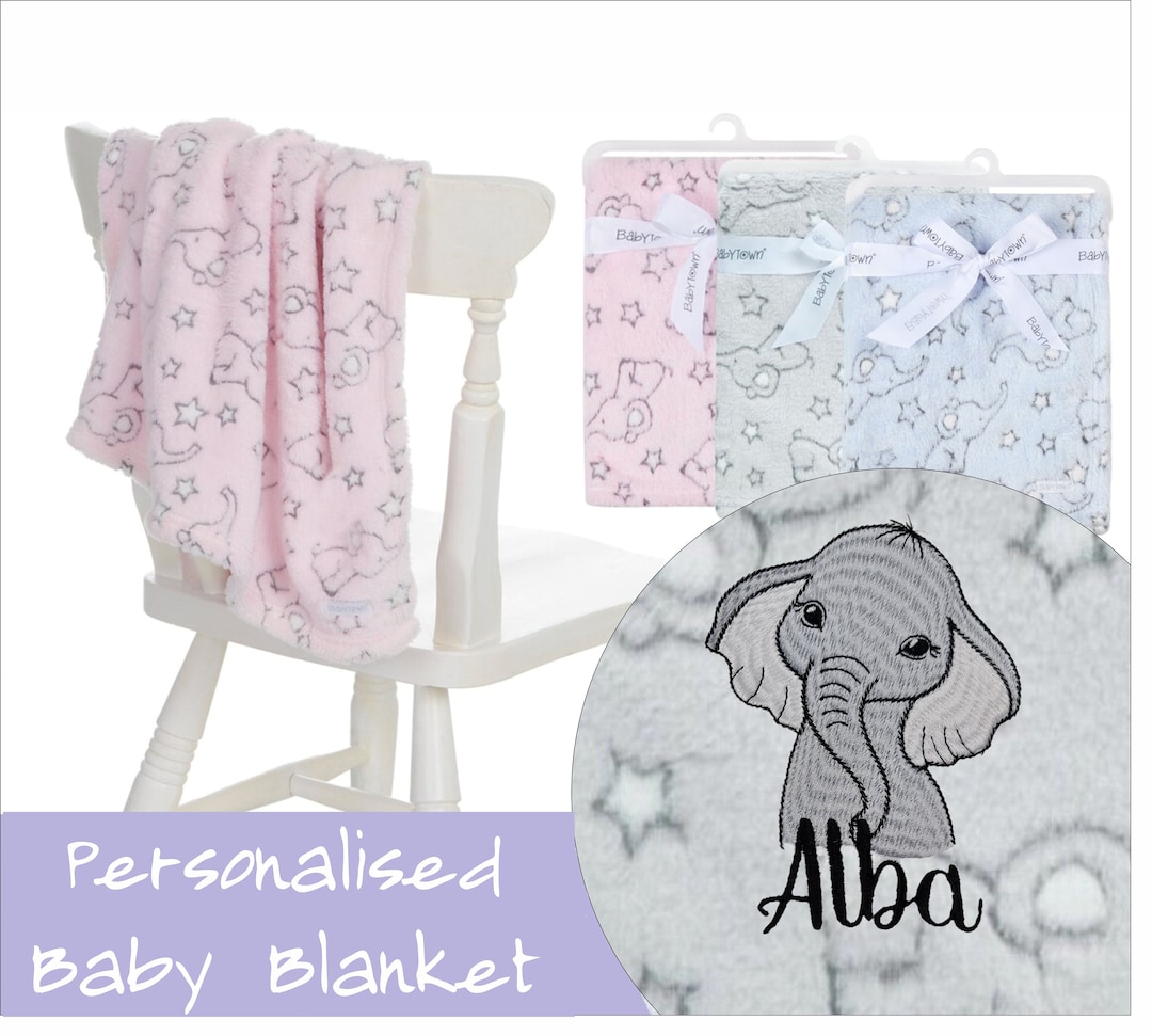 Personalised Embroidered Baby Safari Elephant Blue Blanket 90cm Super