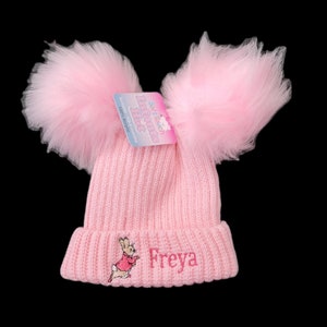 PERSONALISED baby boy girls  0-6m double pom pom hat PETER RABBIT 4 colours
