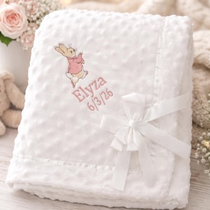 Personalised NEW IN Peter Rabbit embroidered baby Dimple bow ribbon trim blanket 3 colours super soft image 1