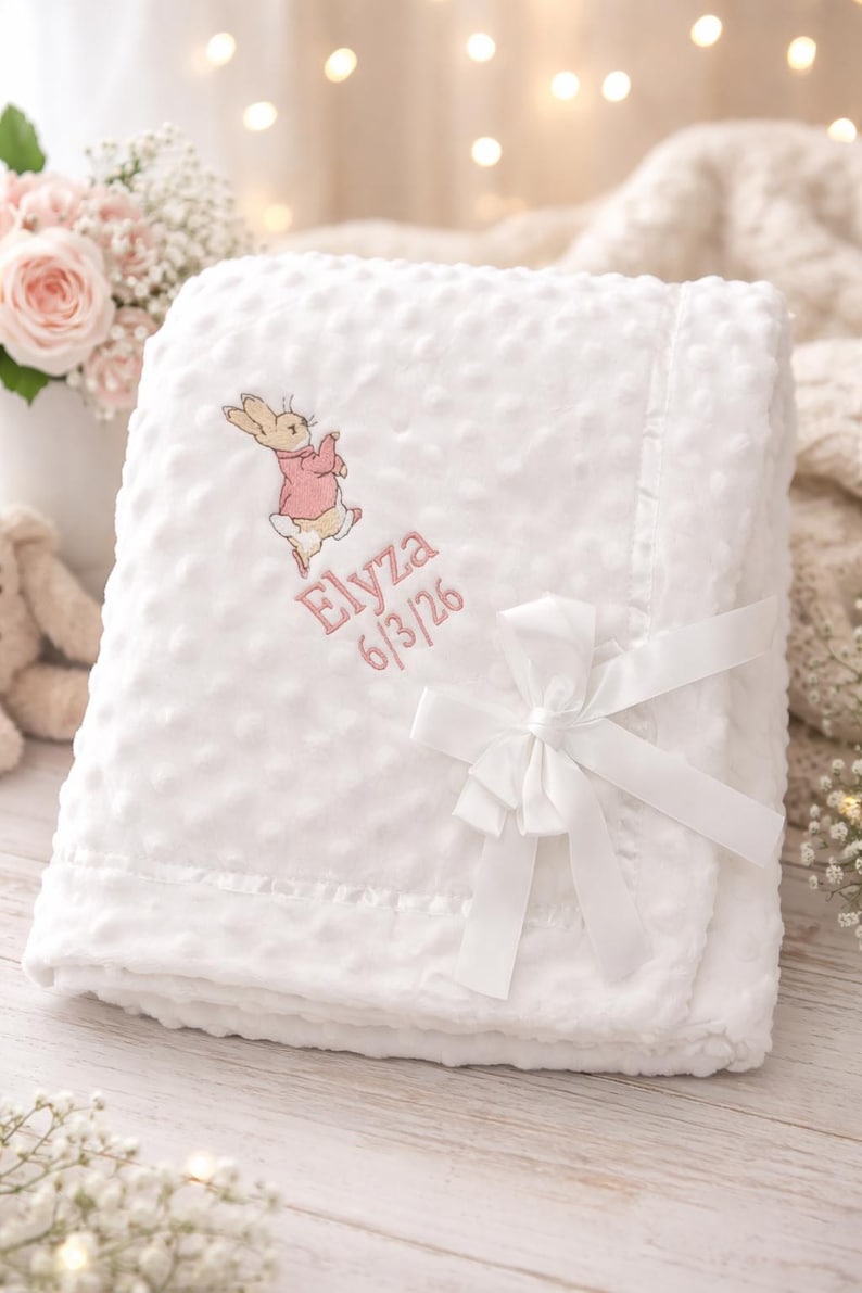 Personalised NEW IN Peter Rabbit embroidered baby Dimple bow ribbon trim blanket 3 colours super soft image 1
