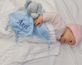 Personalised super soft feel embroidered  BLUE ELEPHANT comforter with knotted end  bows