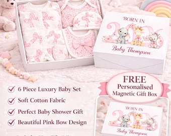 Personalised Baby Gift Set Girl, Newborn Gift Box, Baby Shower Gift, Pink Baby Clothes Set, Custom Name Baby Gift, 6 Piece Set