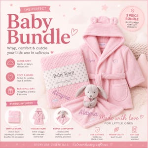May include: A three-piece baby bundle featuring a pink hooded robe with ears, a pink waffle-textured blanket measuring 75cm x 90cm, and a grey plush bunny comforter. The items are personalised with the name Alayna and include descriptive text.