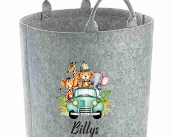 Personalised  ref AN2 Printed Safari Jungle Themed Felt Trug Toy Storage Bag Baby Nursery Playroom 5 designs listed