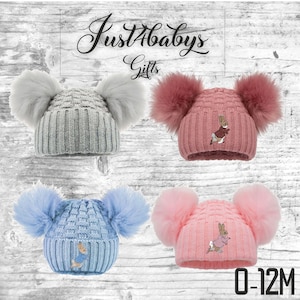 Baby boy girls PETER RABBIT  double pom pom  hat 4 colours 0-24m new 2025