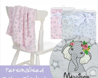 Personalised embroidered baby  safari floral elephant  blanket 90cm super soft