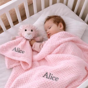 May include: A sleeping baby in a white crib, nestled under a soft pink blanket. A matching pink security blanket with the name "Alice" embroidered on it is held by the baby. A plush lion toy is also in the crib.