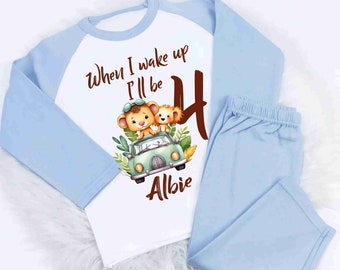 When i wake up i'll be Personalised SAFARI animals AN4 PJ'S/short sets Toddler Kids Nightwear Christmas Eve Xmas birthday lounge pyjamas