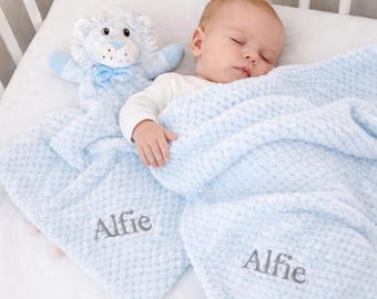 Personalised Pink blue or white Baby Blanket & waffle Comforter Set – Embroidered Newborn Gift, Soft Plush Baby Shower Present