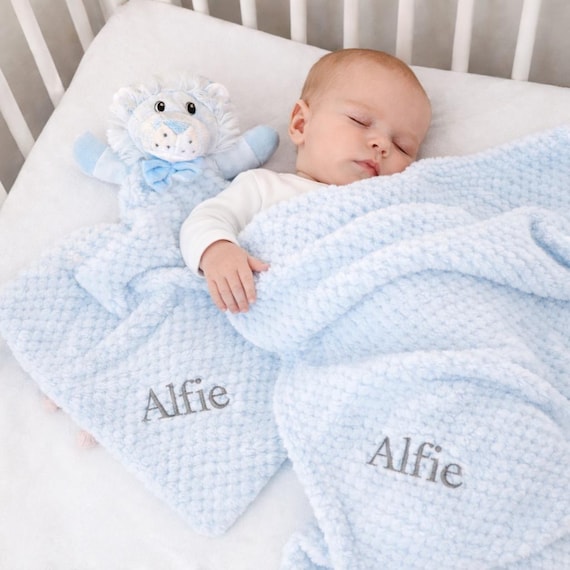 Personalised Pink blue or white Baby Blanket & waffle Comforter Set – Embroidered Newborn Gift, Soft Plush Baby Shower Present