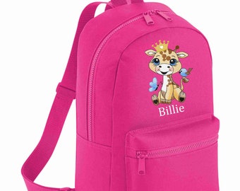 Personalised embroidered new BABY GIRAFFE SAFARI crown butterfly animal Boys Girls Rucksack Backpack Bag School