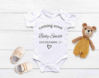 Personalised Baby Vest Grow Suit Announcement Coming Soon  Surname Due Date Pregnancy gift reveal pm2