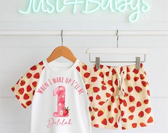 When i wake up i will be Personalised strawberry teddy bow short sets PJ'S Toddler Kids Nightwear Christmas Eve birthday pyjamas summer set