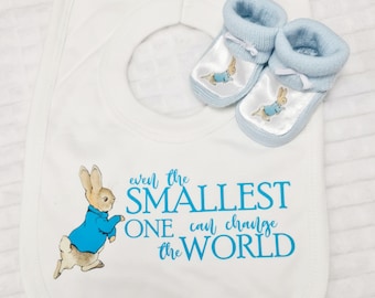 Baby's  bib / booties set gift shoe Newborn/reborn blue Peter rabbit even the smallest one can change the world