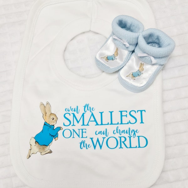 Baby's  bib / booties set gift shoe Newborn/reborn blue Peter rabbit even the smallest one can change the world