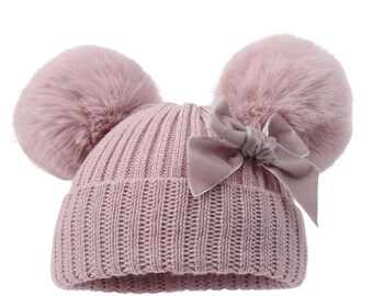 PERSONALISED Giant Double Pom Pom Velvet Bow Baby Girls 0-12m